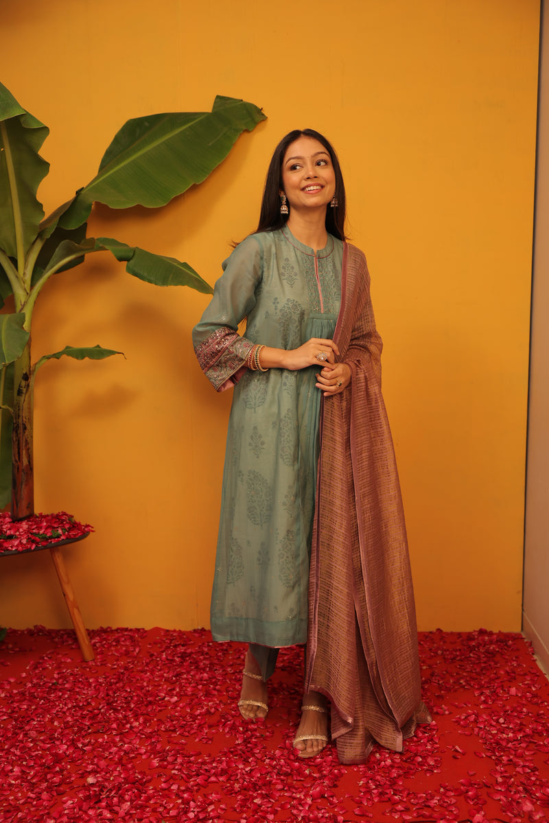 Chanderi Kurta With Embroidery Work - Teal