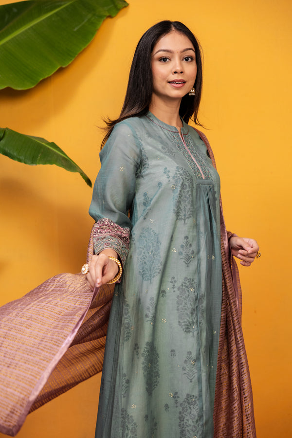 Chanderi Kurta With Embroidery Work - Teal