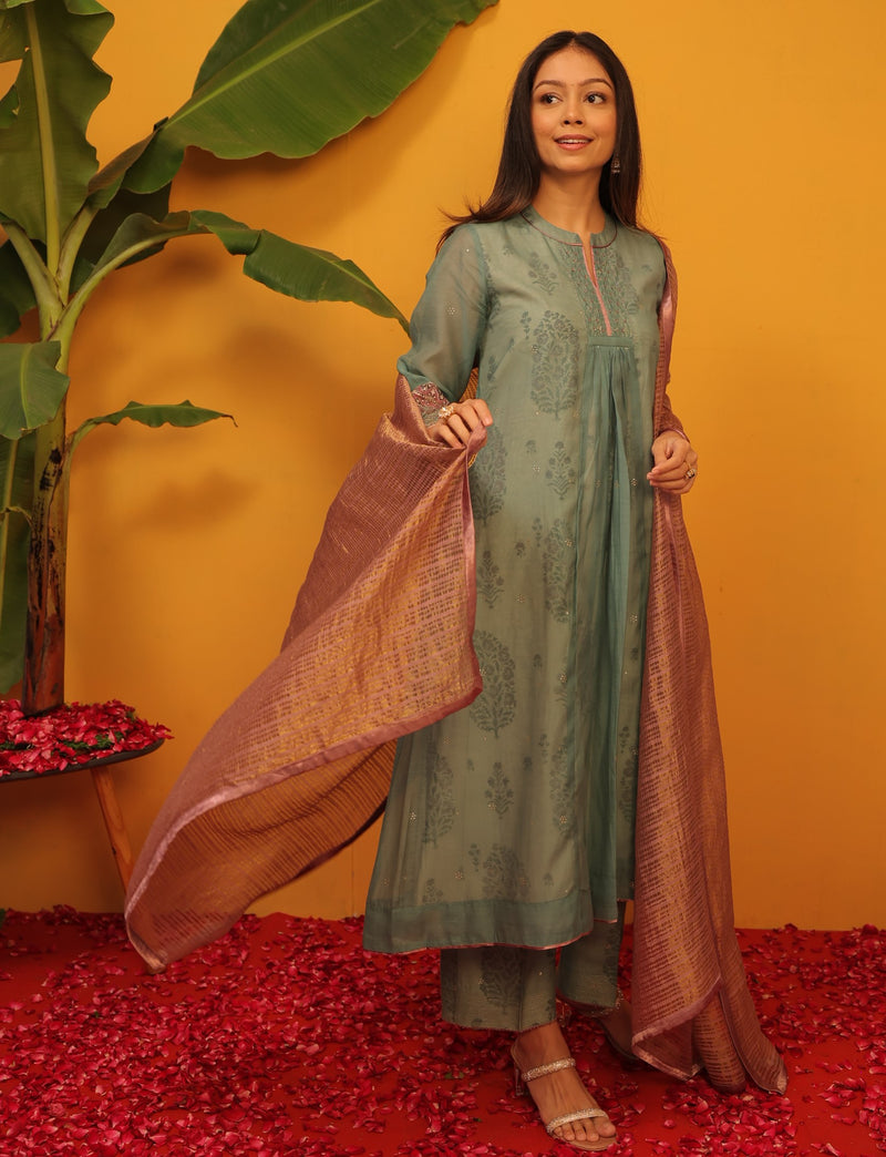 Chanderi Parallel - Teal