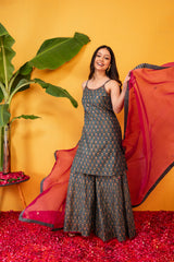 Hand Block Printed Sharara With Drawstring Waistband - Blue