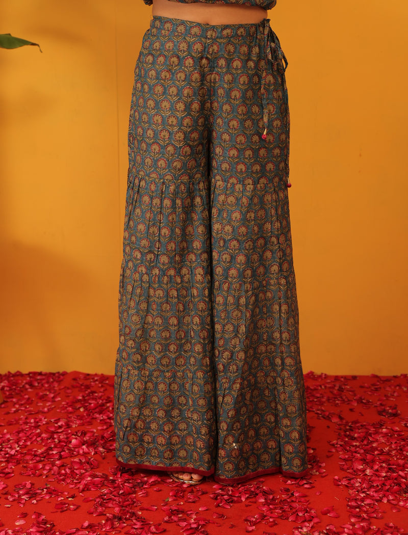 Hand Block Printed Sharara With Drawstring Waistband - Blue