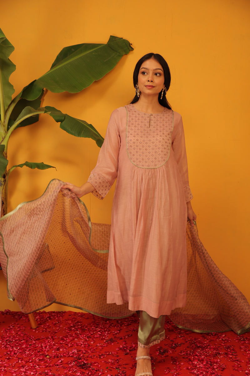 Chanderi Hand Work Kurta - Pink