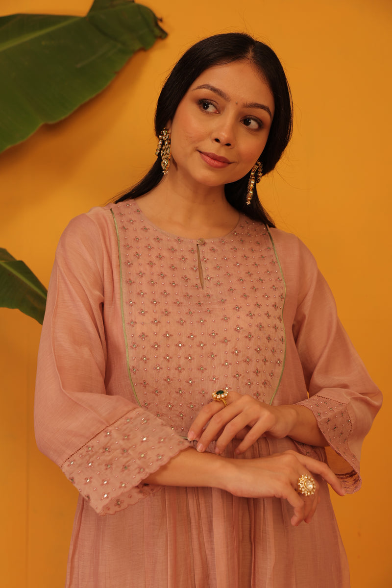 Chanderi Hand Work Kurta - Pink