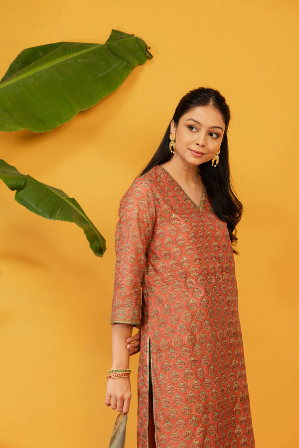 Cotton Block Printed Hand Embroidery Kurta - Orange