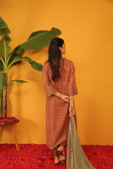 Cotton Block Printed Hand Embroidery Kurta - Orange