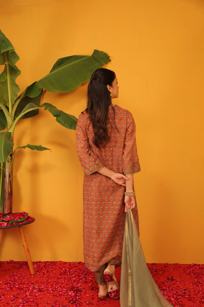 Cotton Block Printed Hand Embroidery Kurta - Orange