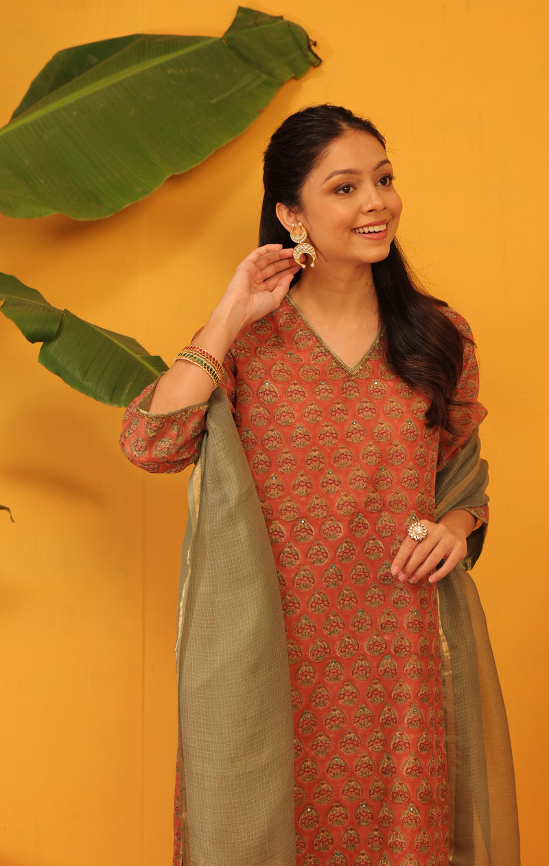 Cotton Block Printed Hand Embroidery Kurta - Orange