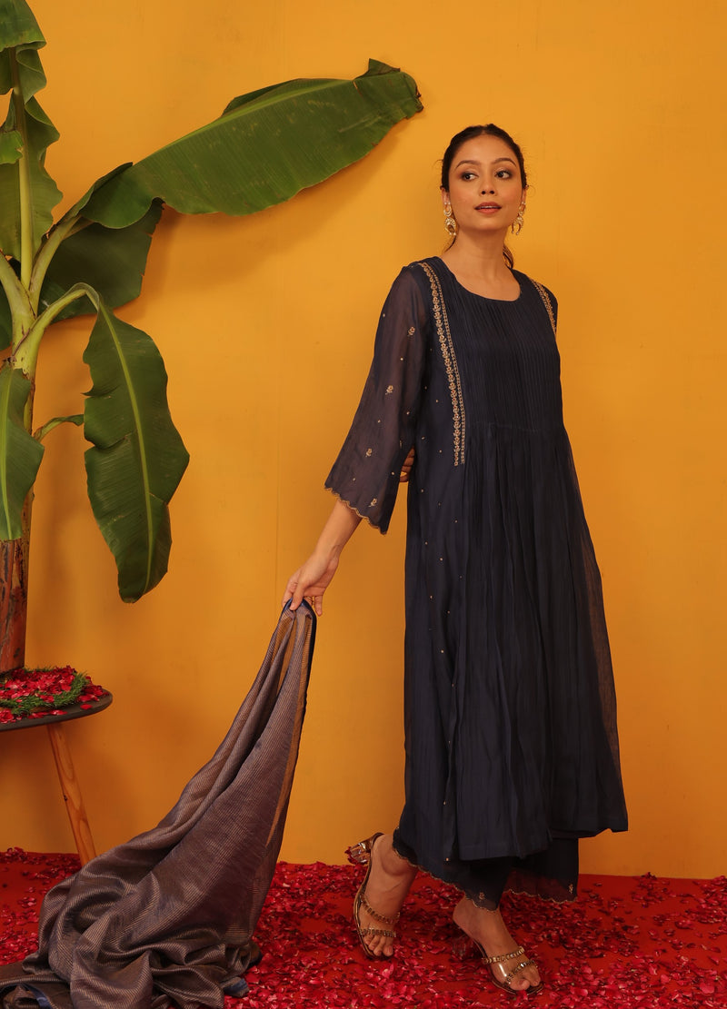 Chanderi Hand Embroidery Kurta - Blue