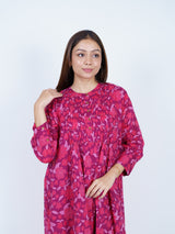 Pink Floral Screen-Print Pleated Midi Dress