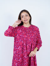 Pink Floral Screen-Print Pleated Midi Dress