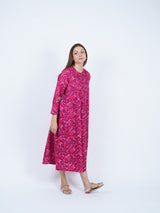 Pink Floral Screen-Print Pleated Midi Dress