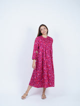Pink Floral Screen-Print Pleated Midi Dress