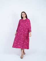 Pink Floral Screen-Print Pleated Midi Dress