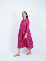 Pink Floral Screen-Print Pleated Midi Dress