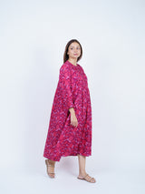 Pink Floral Screen-Print Pleated Midi Dress