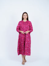 Pink Floral Screen-Print Pleated Midi Dress