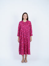 Pink Floral Screen-Print Pleated Midi Dress