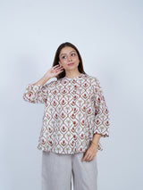 White Hand Block Printed Palm & Floral Cotton Top