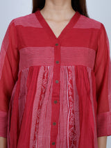 Red Block Printed Chanderi Flared Top