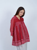 Red Block Printed Chanderi Flared Top