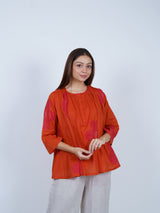 Orange Pleated Floral Cotton Top
