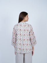 White Hand Block Printed Palm & Floral Cotton Top