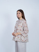 White Hand Block Printed Palm & Floral Cotton Top