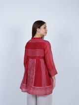 Red Block Printed Chanderi Flared Top