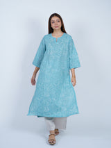 Blue Floral Hand Block Printed Cotton Kurta
