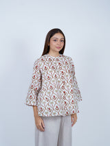 White Hand Block Printed Palm & Floral Cotton Top
