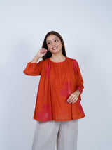 Orange Pleated Floral Cotton Top