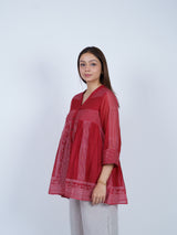 Red Block Printed Chanderi Flared Top