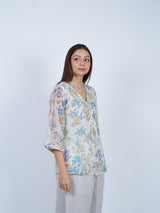 White Floral Hand Block Printed Chanderi Tunic Top