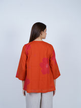 Orange Pleated Floral Cotton Top
