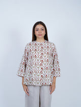 White Hand Block Printed Palm & Floral Cotton Top
