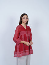 Red Block Printed Chanderi Flared Top