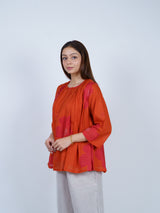Orange Pleated Floral Cotton Top