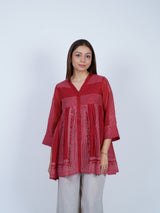 Red Block Printed Chanderi Flared Top