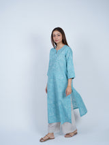 Blue Floral Hand Block Printed Cotton Kurta