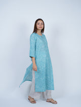 Blue Floral Hand Block Printed Cotton Kurta