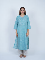 Blue Floral Hand Block Printed Cotton Kurta