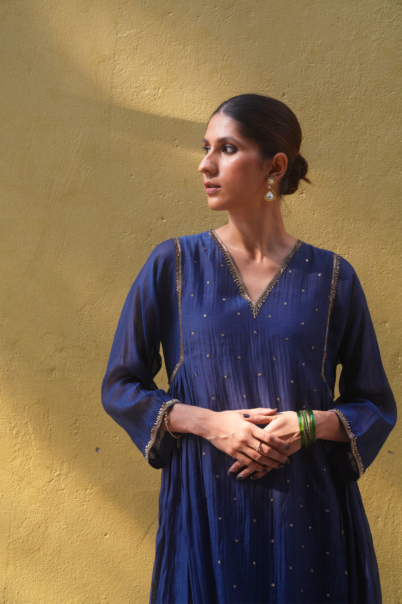 Chanderi Hand Embroidered Kurta - Blue