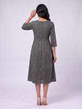 Green Hand-Block Printed Cotton Midi Dress
