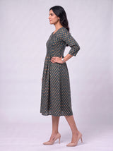 Green Hand-Block Printed Cotton Midi Dress