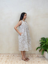 Cotton Hand Block Printed Dress - Beige