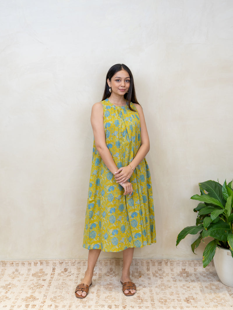 Cotton Hand Block Printed Dress - Yellow