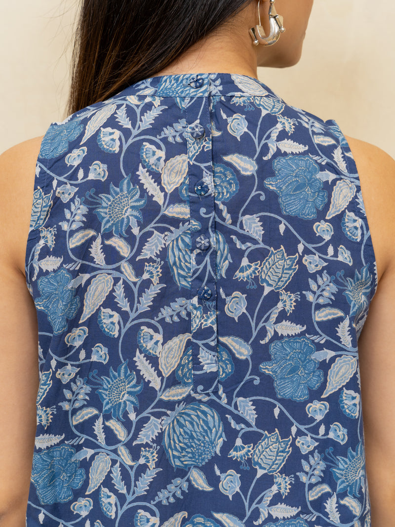 Cotton Hand Block Printed Dress - Blue