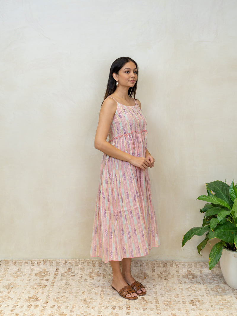 Cotton Hand Blocked Printed Dress - Pink