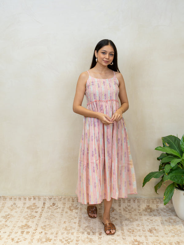 Cotton Hand Blocked Printed Dress - Pink