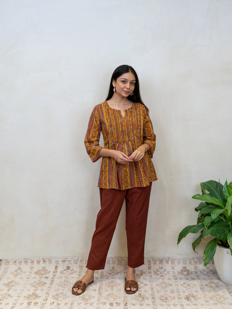 Cotton Hand Block Printed Top - Yellow